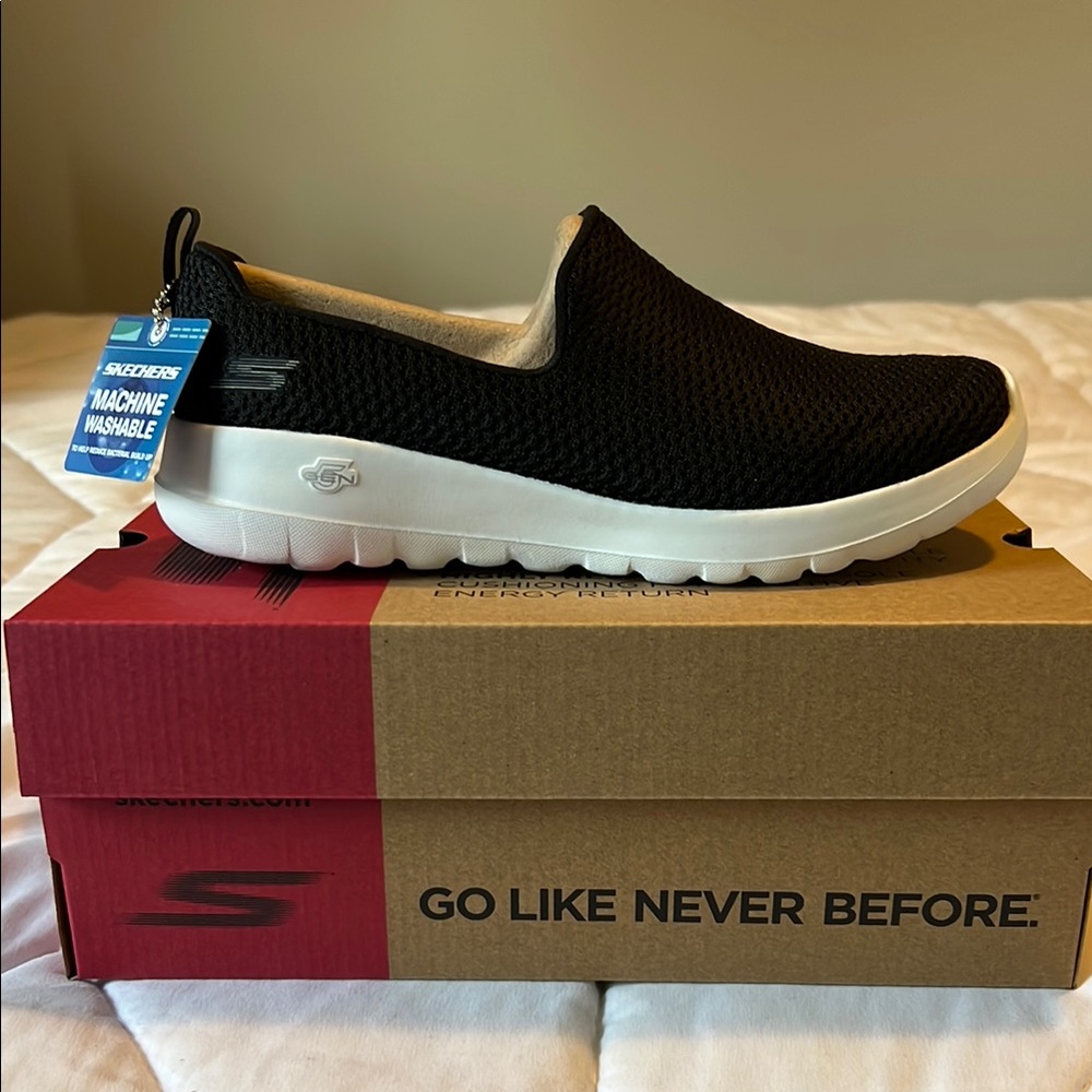 Skechers Black and White Knit Slip-On Sneakers